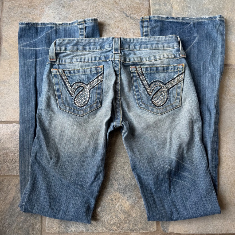 Y2K Bebe Sequin Jeans w/ Rhinestone Pockets | Size 27 Super Low Rise RARE